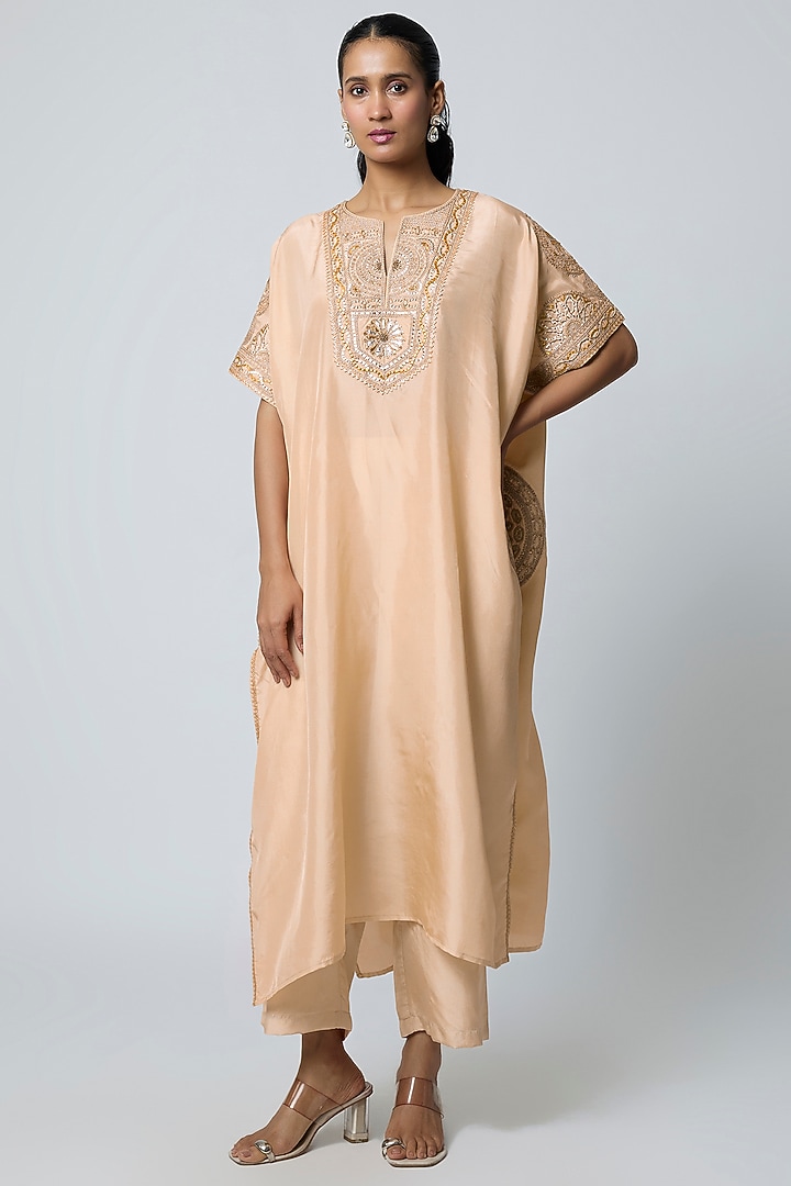 Beige Silk Gota Embroidered Kaftan Set by Avacara at Pernia's Pop Up Shop