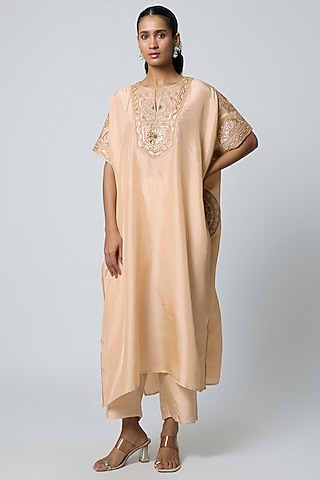 Beige Silk Gota Embroidered Kaftan Set by Avacara