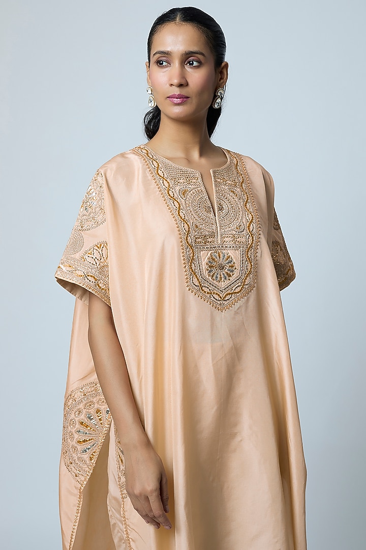 Beige Silk Gota Embroidered Kaftan Set by Avacara at Pernia's Pop Up Shop