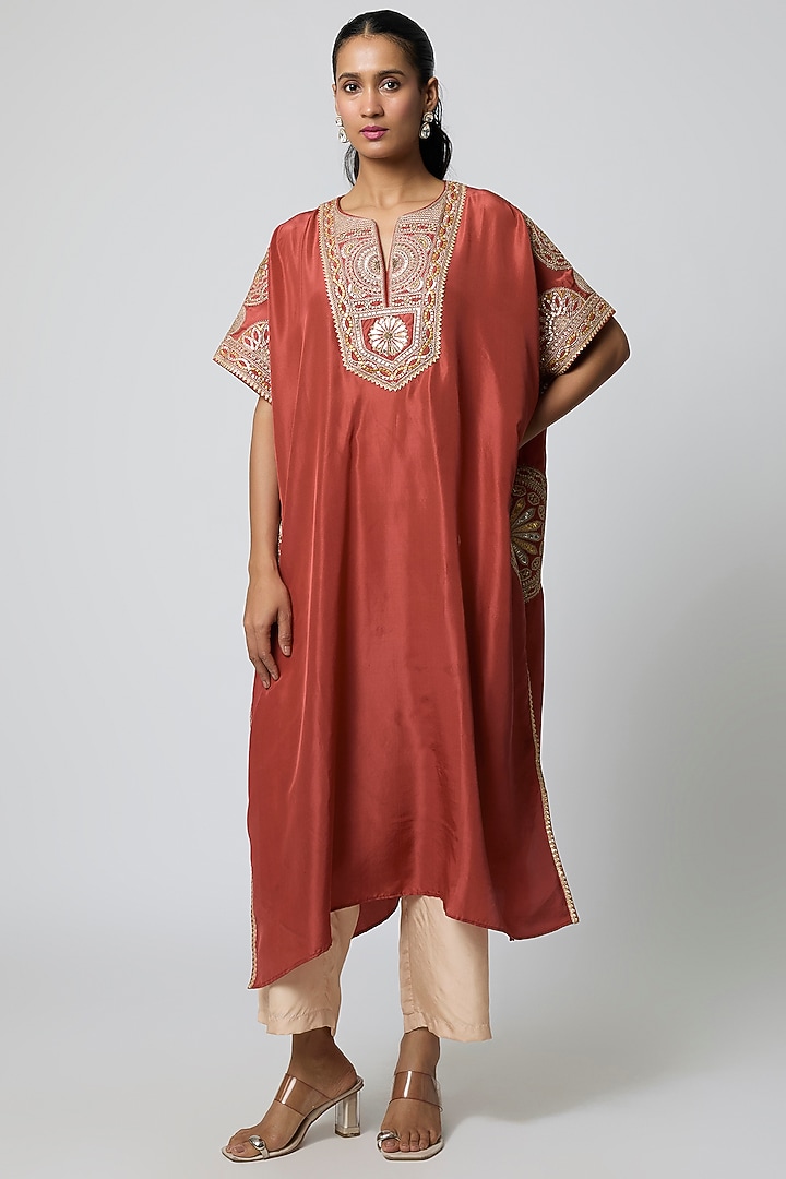 Rust Silk Gota Embroidered Kaftan Set by Avacara at Pernia's Pop Up Shop