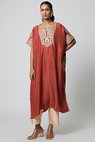 Rust Silk Gota Embroidered Kaftan Set by Avacara