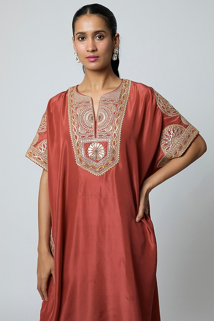 Rust Silk Gota Embroidered Kaftan Set by Avacara at Pernia's Pop Up Shop