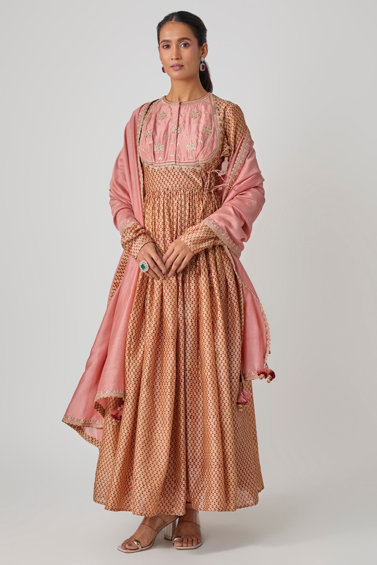Avacara Beige Chanderi Printed Anarkali Set