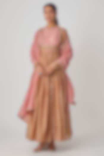 Beige Chanderi Printed Wedding Anarkali Set by Avacara at Pernia's Pop Up Shop