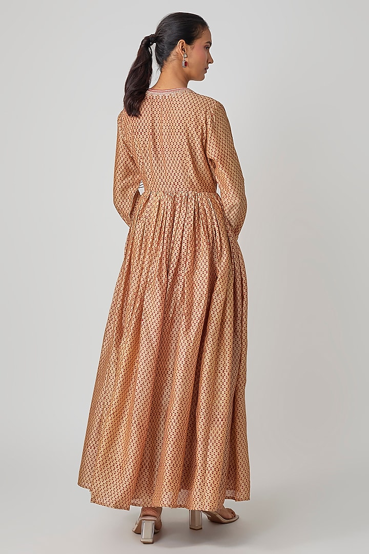 Beige Chanderi Printed Wedding Anarkali Set by Avacara at Pernia's Pop Up Shop