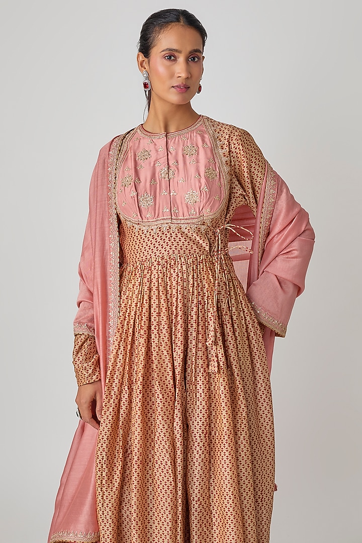Beige Chanderi Printed Wedding Anarkali Set by Avacara at Pernia's Pop Up Shop