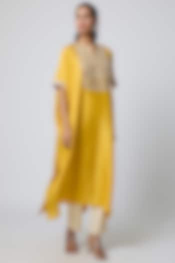 Yellow Pure Mulberry Silk Marodi Embroidered Kaftan Set by Avacara at Pernia's Pop Up Shop