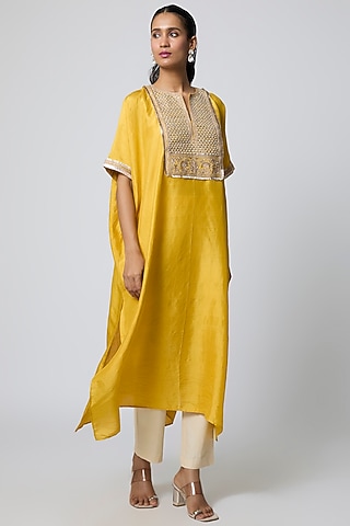 Yellow Pure Mulberry Silk Marodi Embroidered Kaftan Set by Avacara