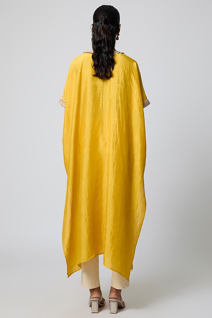 Yellow Pure Mulberry Silk Marodi Embroidered Kaftan Set by Avacara at Pernia's Pop Up Shop