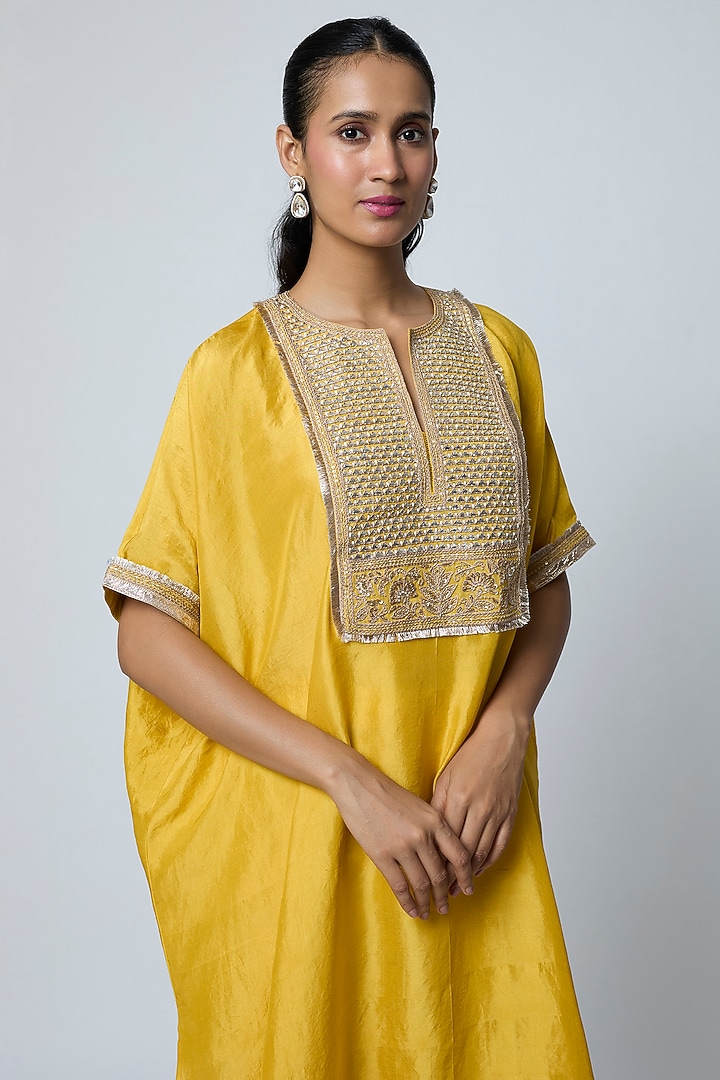 Yellow Pure Mulberry Silk Marodi Embroidered Kaftan Set by Avacara at Pernia's Pop Up Shop