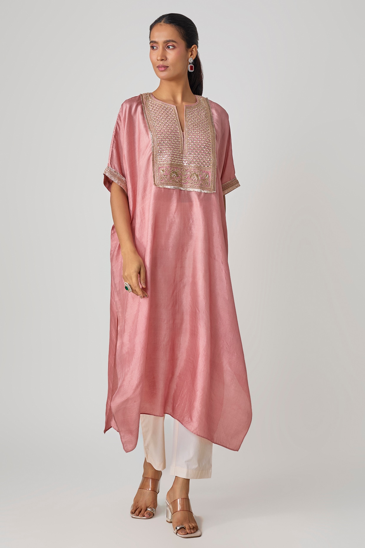 Avacara Pink Pure Mulberry Silk Marodi Embroidered Kaftan Set