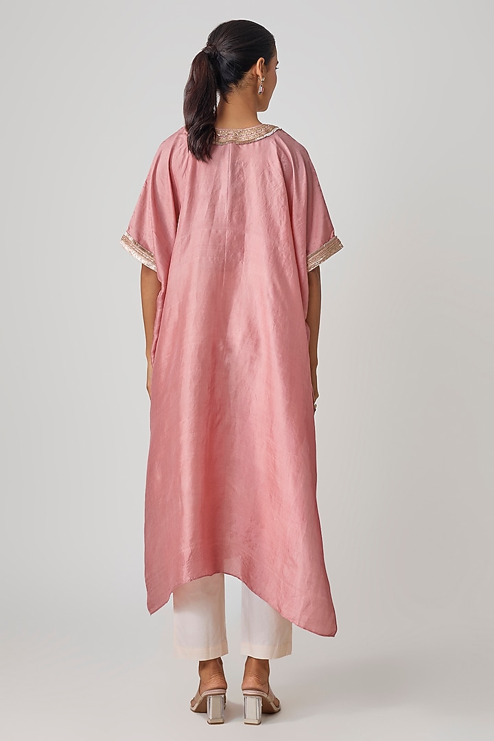 Pink Pure Mulberry Silk Marodi Embroidered Kaftan Set by Avacara at Pernia's Pop Up Shop