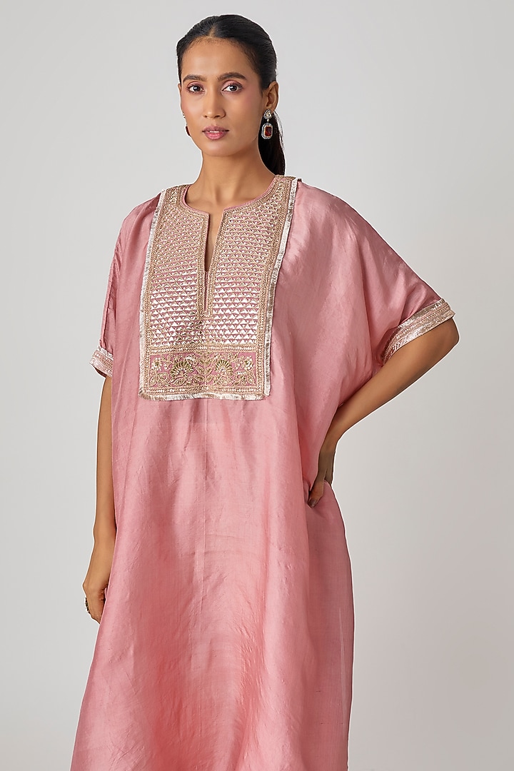 Pink Pure Mulberry Silk Marodi Embroidered Kaftan Set by Avacara at Pernia's Pop Up Shop