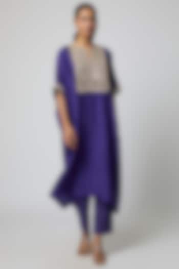 Blue Pure Mulberry Silk Marodi Embroidered Kaftan Set by Avacara at Pernia's Pop Up Shop