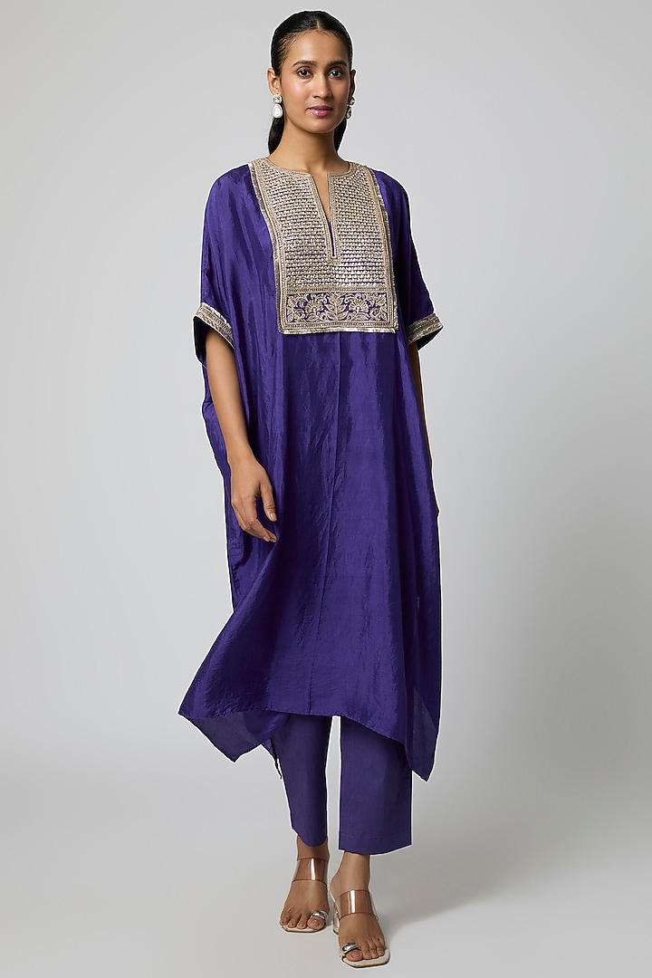 Blue Pure Mulberry Silk Marodi Embroidered Kaftan Set by Avacara at Pernia's Pop Up Shop