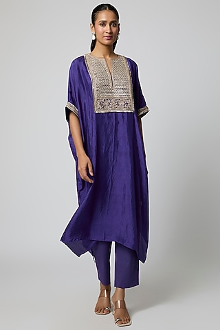 Blue Pure Mulberry Silk Marodi Embroidered Kaftan Set by Avacara