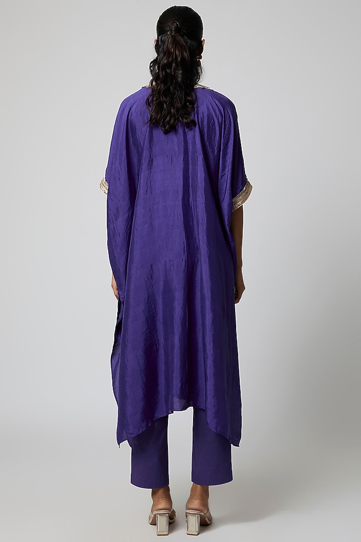 Blue Pure Mulberry Silk Marodi Embroidered Kaftan Set by Avacara at Pernia's Pop Up Shop