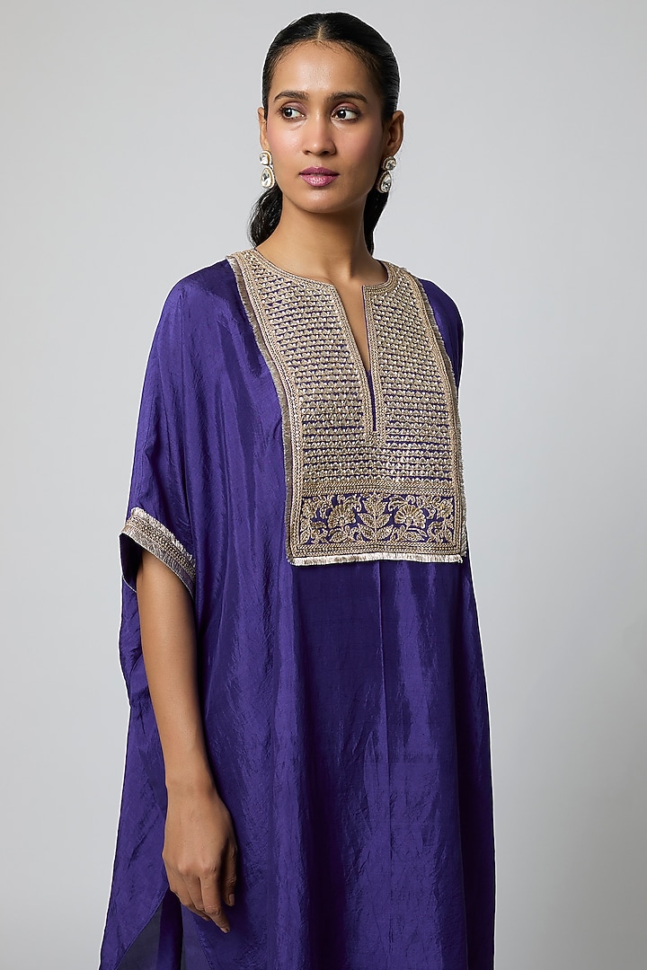 Blue Pure Mulberry Silk Marodi Embroidered Kaftan Set by Avacara at Pernia's Pop Up Shop