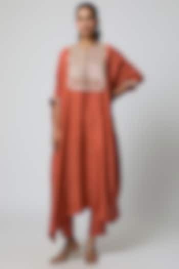 Rust Pure Mulberry Silk Marodi Embroidered Kaftan Set by Avacara at Pernia's Pop Up Shop