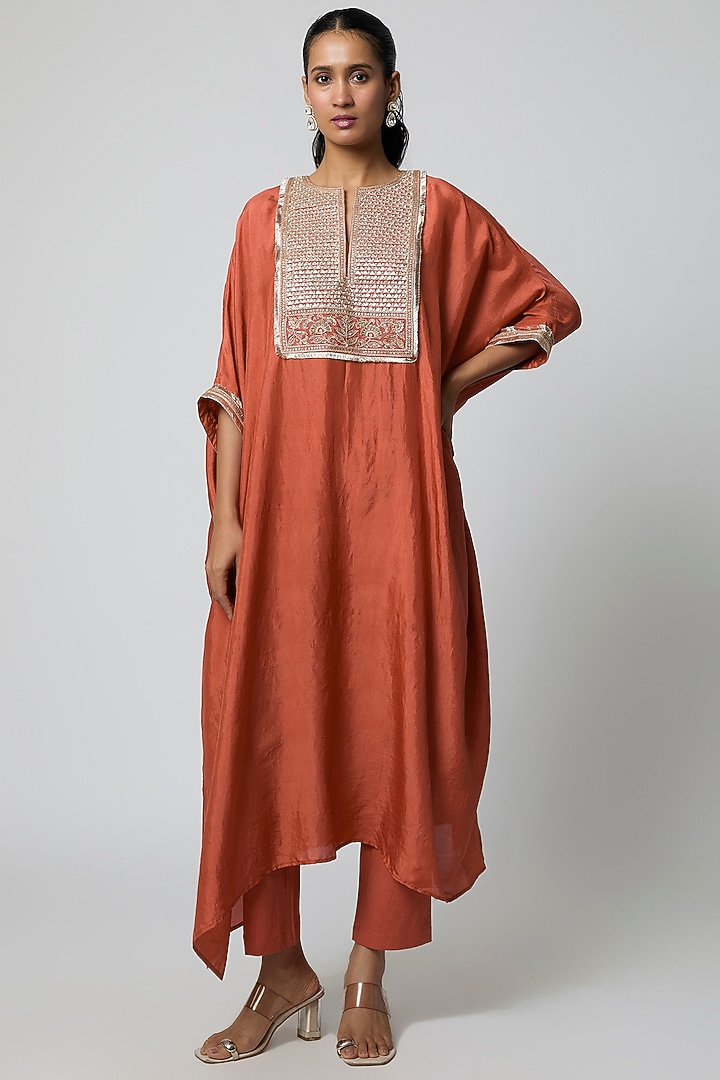 Rust Pure Mulberry Silk Marodi Embroidered Kaftan Set by Avacara at Pernia's Pop Up Shop