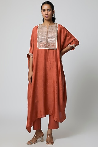 Rust Pure Mulberry Silk Marodi Embroidered Kaftan Set by Avacara
