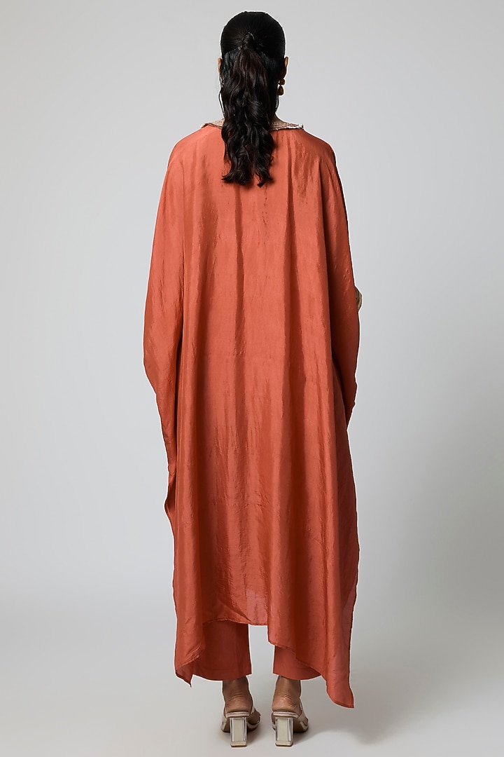Rust Pure Mulberry Silk Marodi Embroidered Kaftan Set by Avacara at Pernia's Pop Up Shop