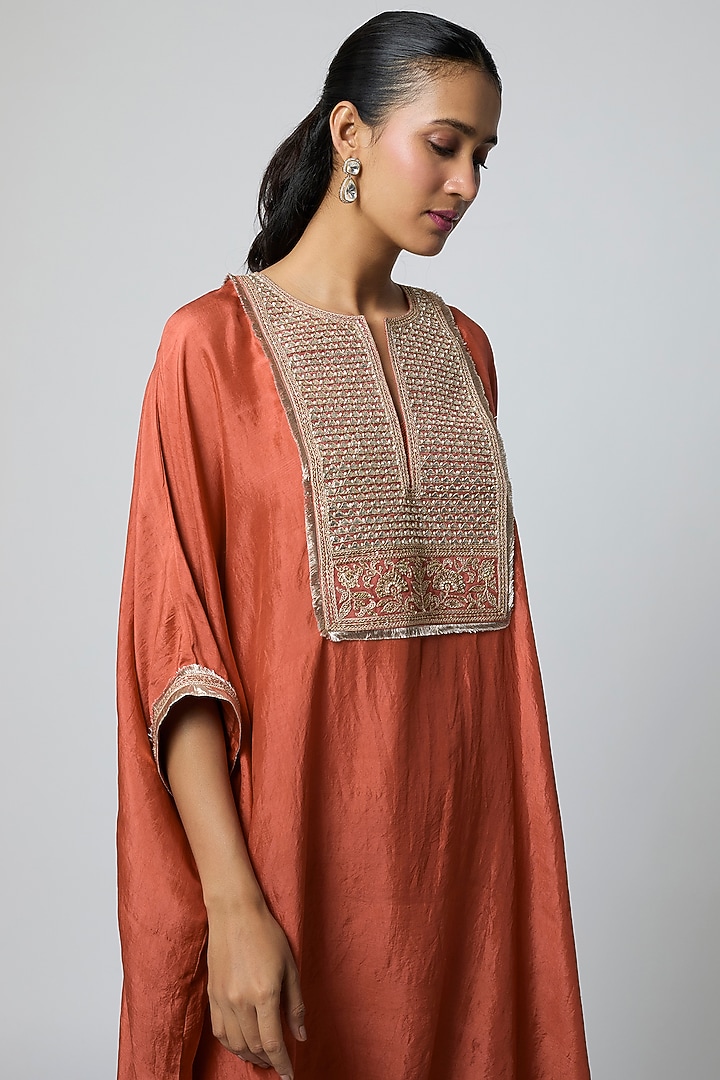Rust Pure Mulberry Silk Marodi Embroidered Kaftan Set by Avacara at Pernia's Pop Up Shop