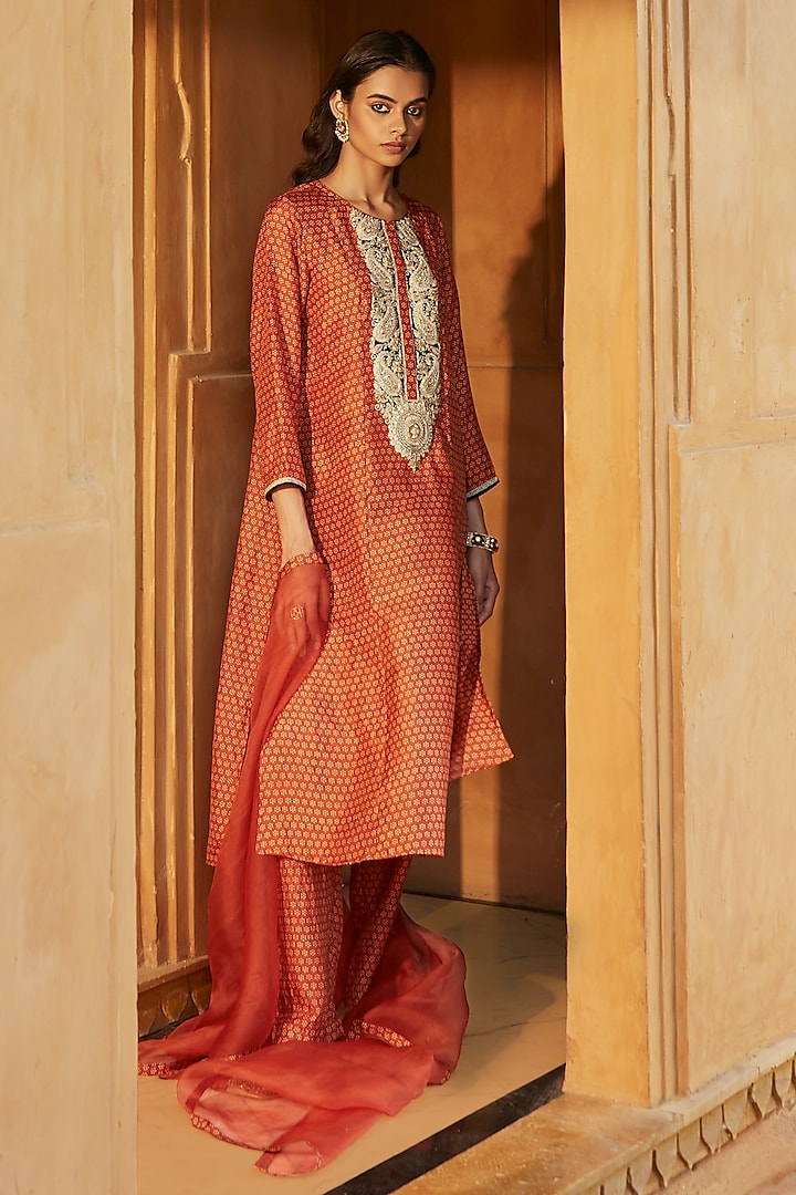 Brick Pure Mulberry Silk Hand Block Printed Kurta Set by Avacara at Pernia's Pop Up Shop