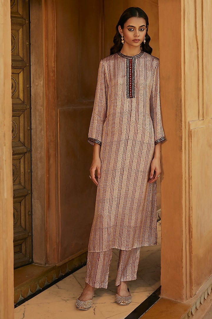 Red & White Modal Satin Hand Block Printed Kurta Set by Avacara at Pernia's Pop Up Shop