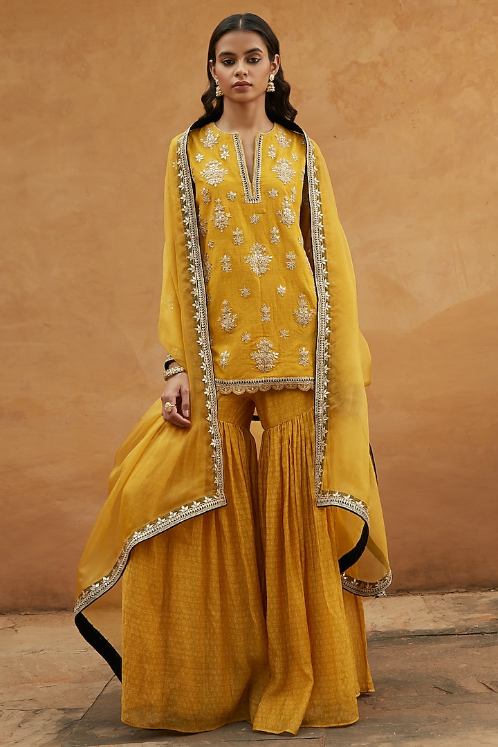 Yellow Cotton Matka Silk Hand Block Printed Sharara Set by Avacara