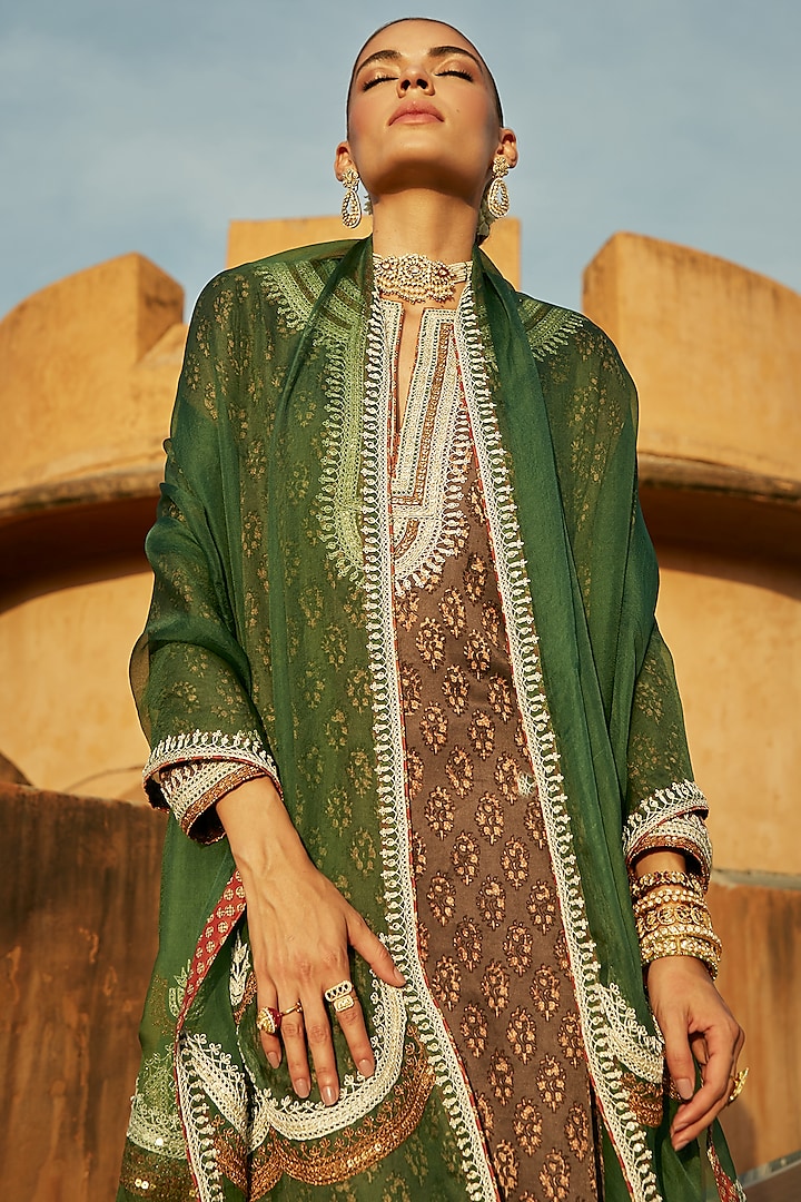 Grey Pure Silk Cotton Hand Block Printed Leheriya Kurta Set by Avacara at Pernia's Pop Up Shop