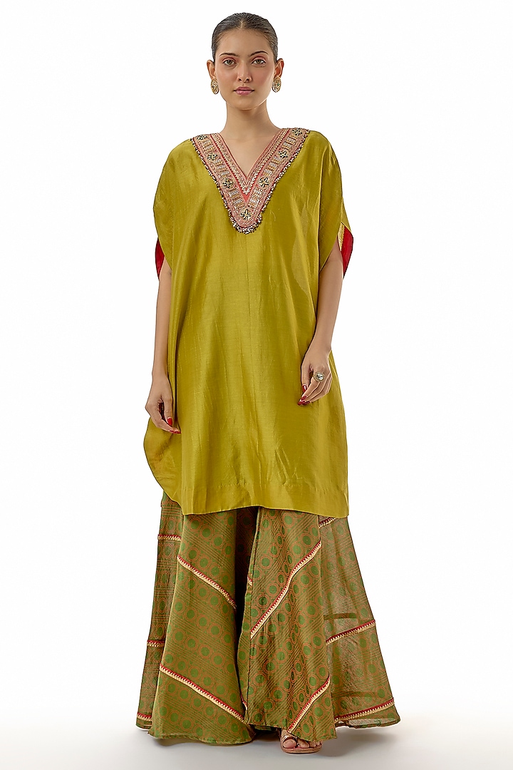 Green Chanderi Embroidered Party Wear Sharara Set by Avacara at Pernia's Pop Up Shop