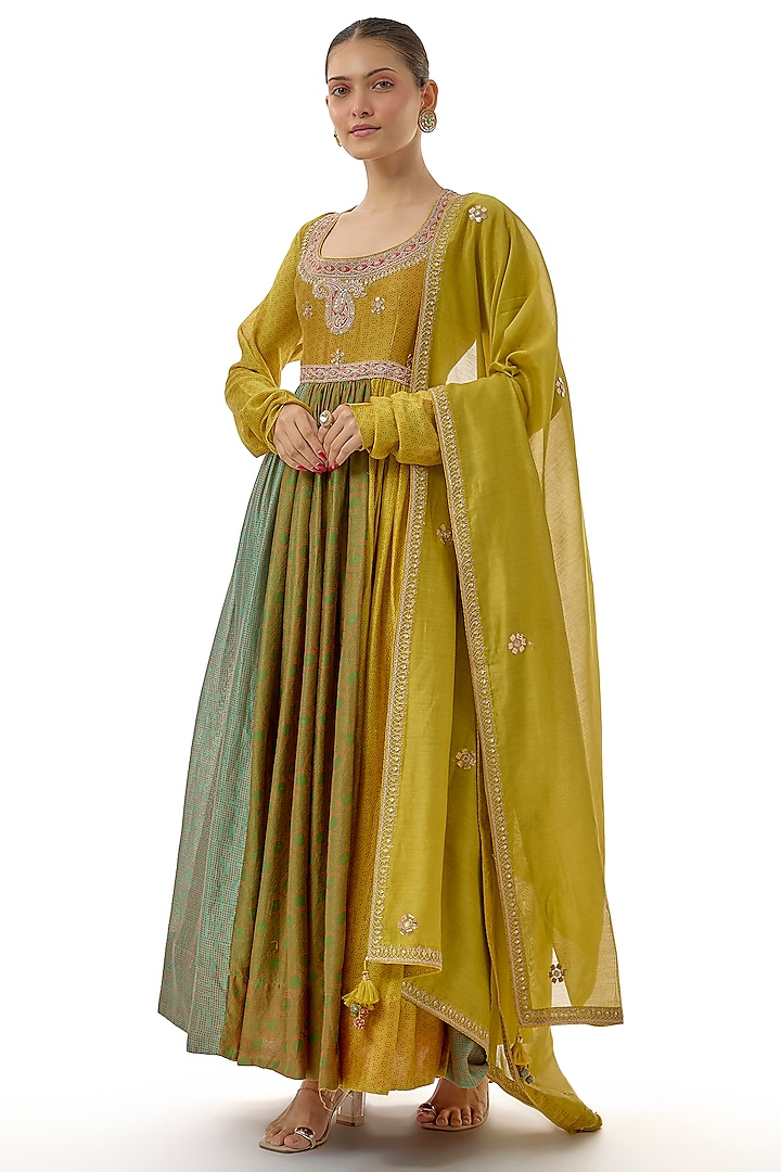 Green Chanderi Embroidered Wedding Anarkali Set by Avacara at Pernia's Pop Up Shop