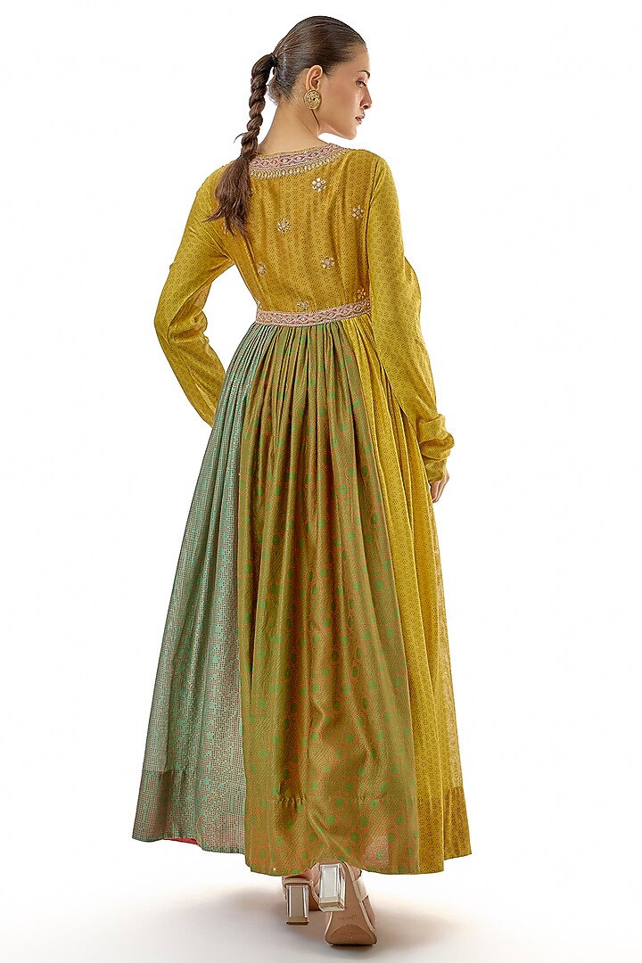 Multi-Colored Handloom Chanderi Printed & Gota Embroidered Wedding Anarkali Set by Avacara at Pernia's Pop Up Shop