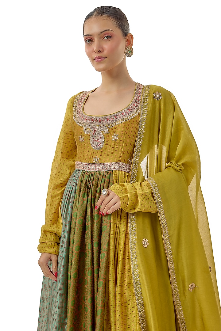 Multi-Colored Handloom Chanderi Printed & Gota Embroidered Wedding Anarkali Set by Avacara at Pernia's Pop Up Shop