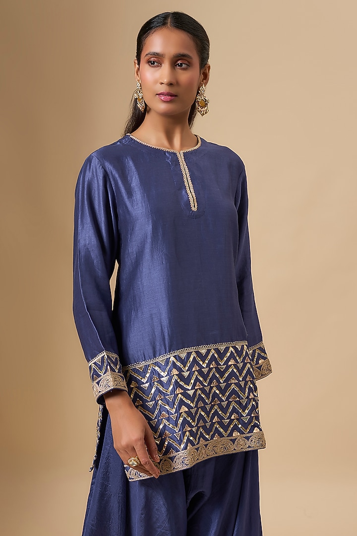Navy Blue Silk Kurta Set by Avacara at Pernia's Pop Up Shop