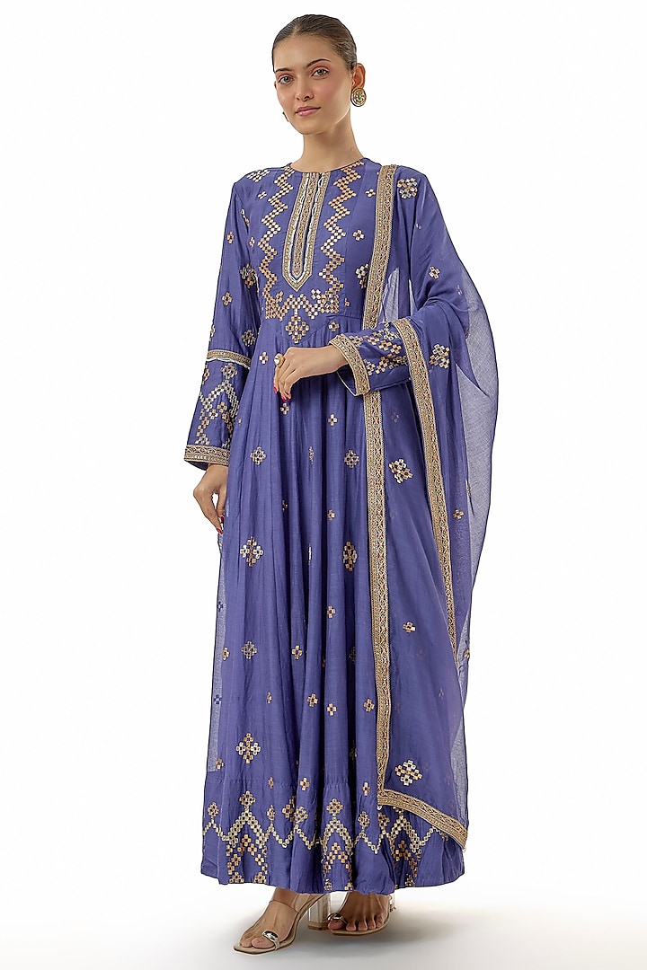 Navy Blue Chanderi Embroidered Bridal Anarkali Set by Avacara at Pernia's Pop Up Shop