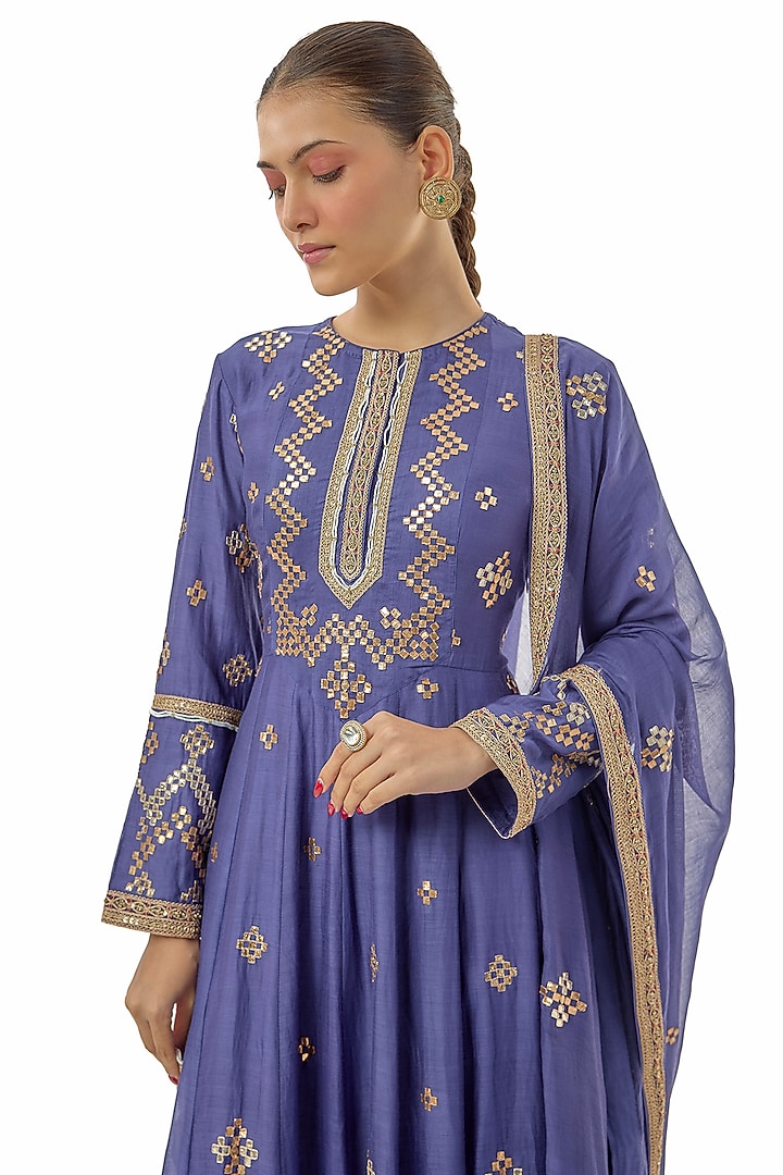 Blue Handloom Chanderi Gota Embroidered Bridal Anarkali Set by Avacara at Pernia's Pop Up Shop