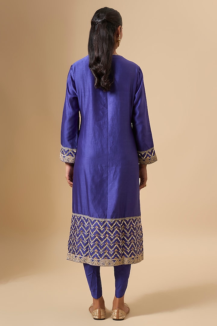 Navy Blue Chanderi Kurta Set by Avacara at Pernia's Pop Up Shop