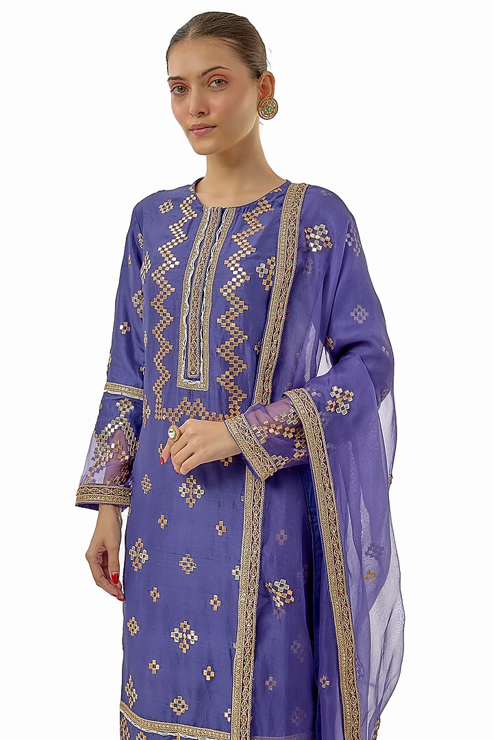 Blue Silk Marodi & Gota Embroidered Kurta Set by Avacara at Pernia's Pop Up Shop