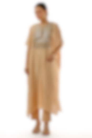 Beige Silk Embroidered Kaftan Set by Avacara at Pernia's Pop Up Shop