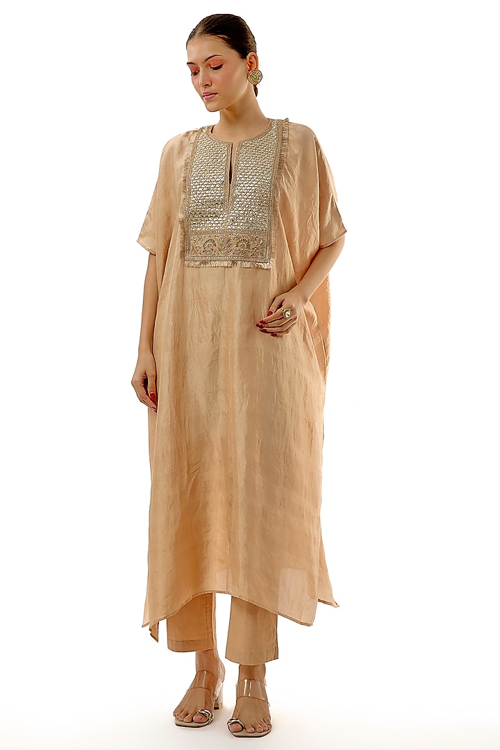 Beige Silk Embroidered Kaftan Set by Avacara at Pernia's Pop Up Shop