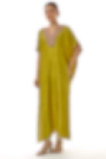 Green Silk Embroidered Kaftan Set by Avacara at Pernia's Pop Up Shop