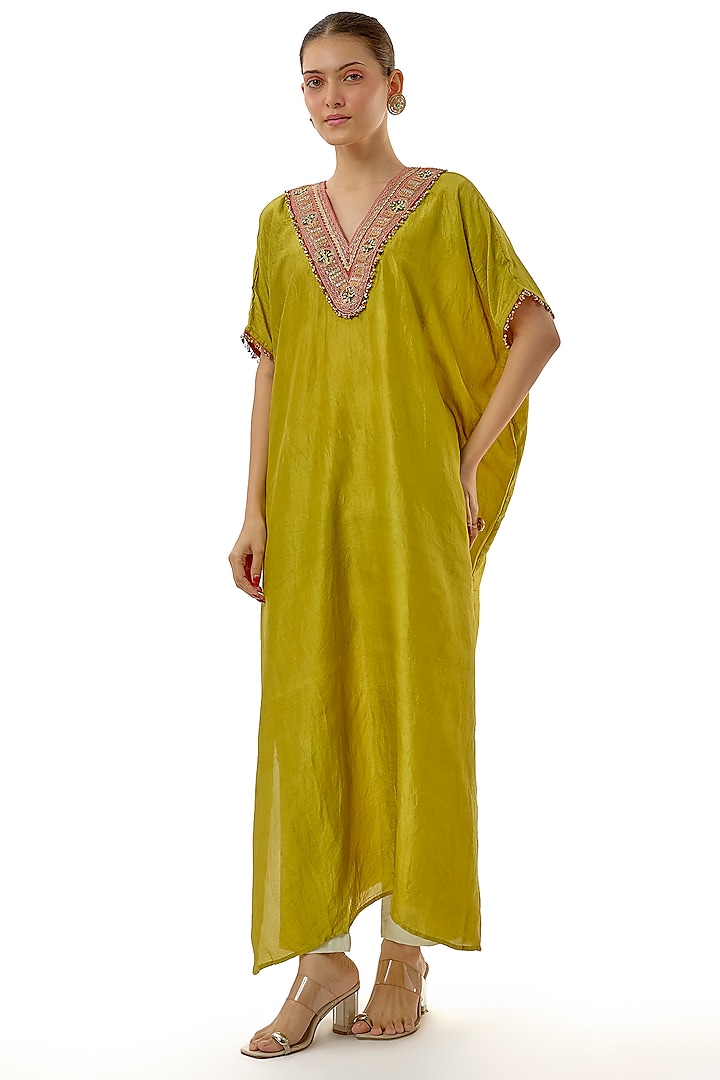 Green Silk Embroidered Kaftan Set by Avacara at Pernia's Pop Up Shop