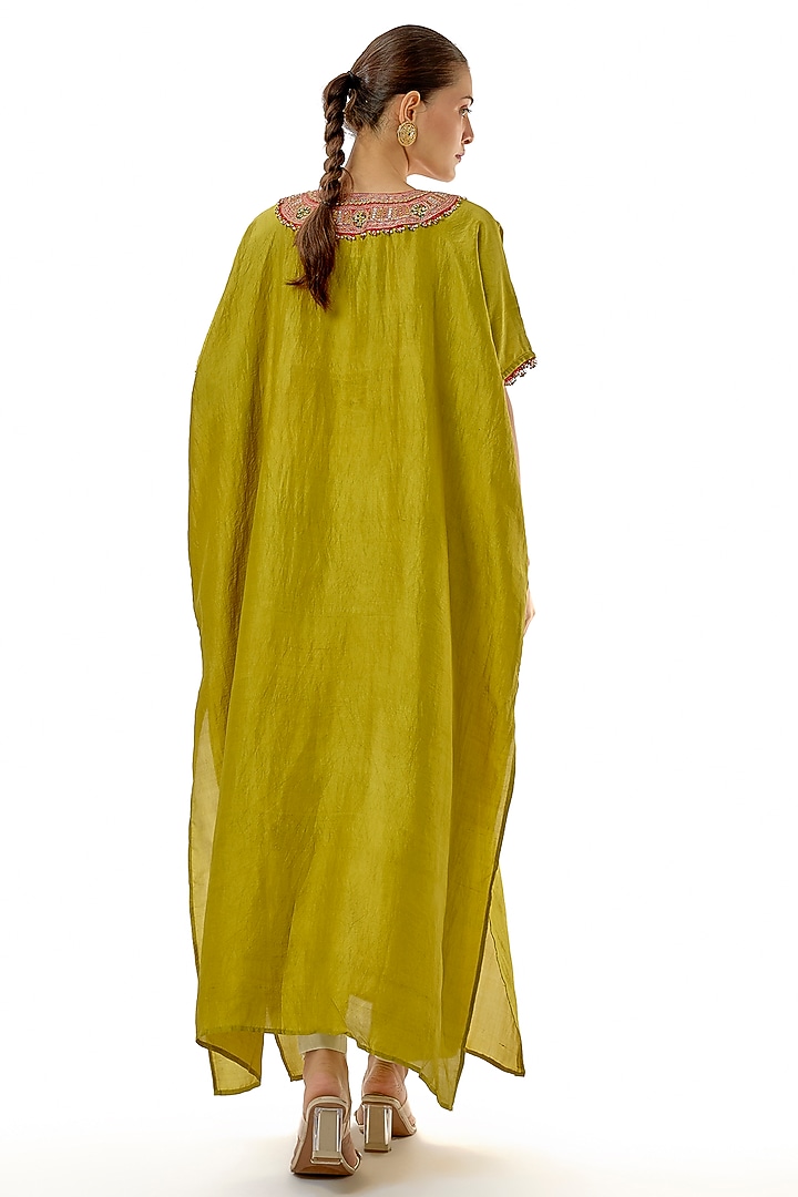 Green Mulberry Silk Resham Embroidered Kaftan Set by Avacara at Pernia's Pop Up Shop