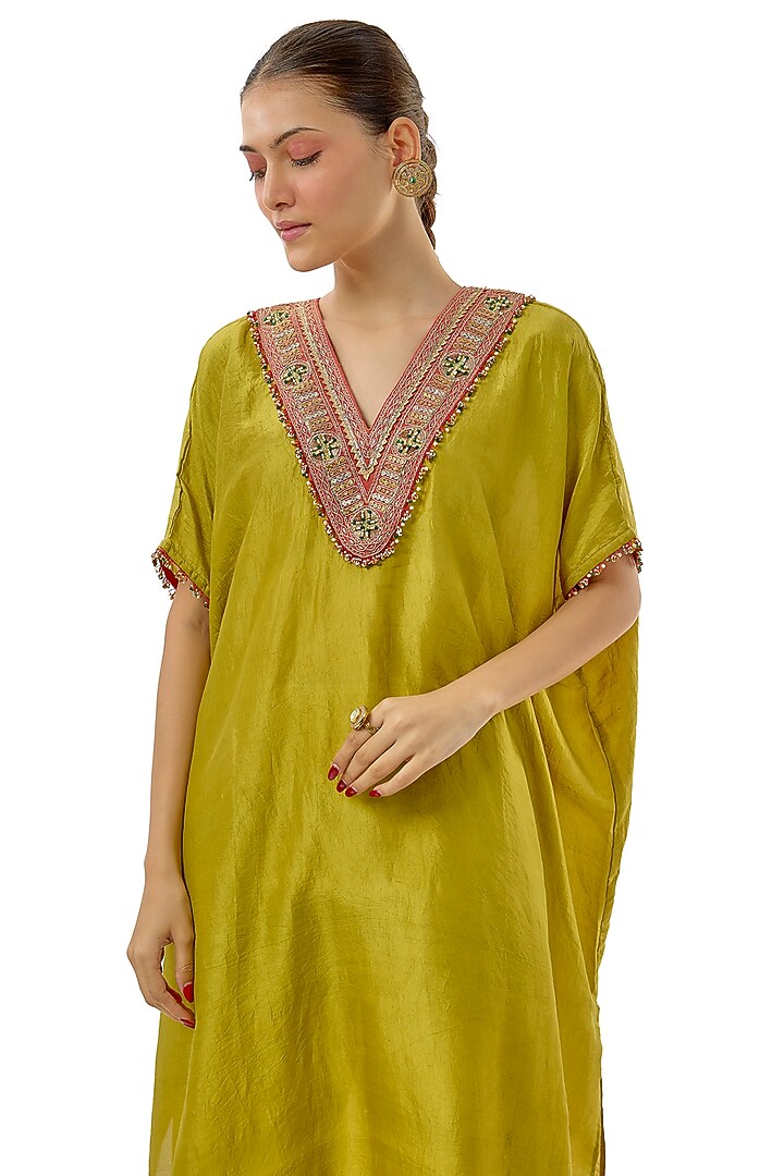 Green Mulberry Silk Resham Embroidered Kaftan Set by Avacara at Pernia's Pop Up Shop