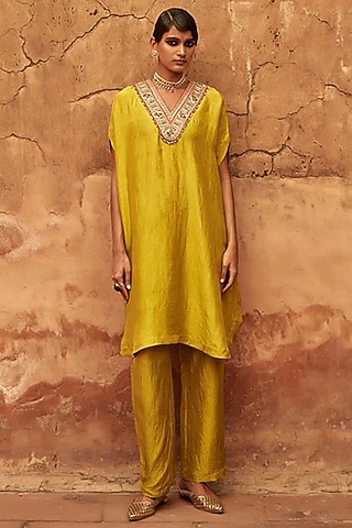 Yellow Mulberry Silk Metal Sequins Embroidered Kaftan Kurta Set by Avacara