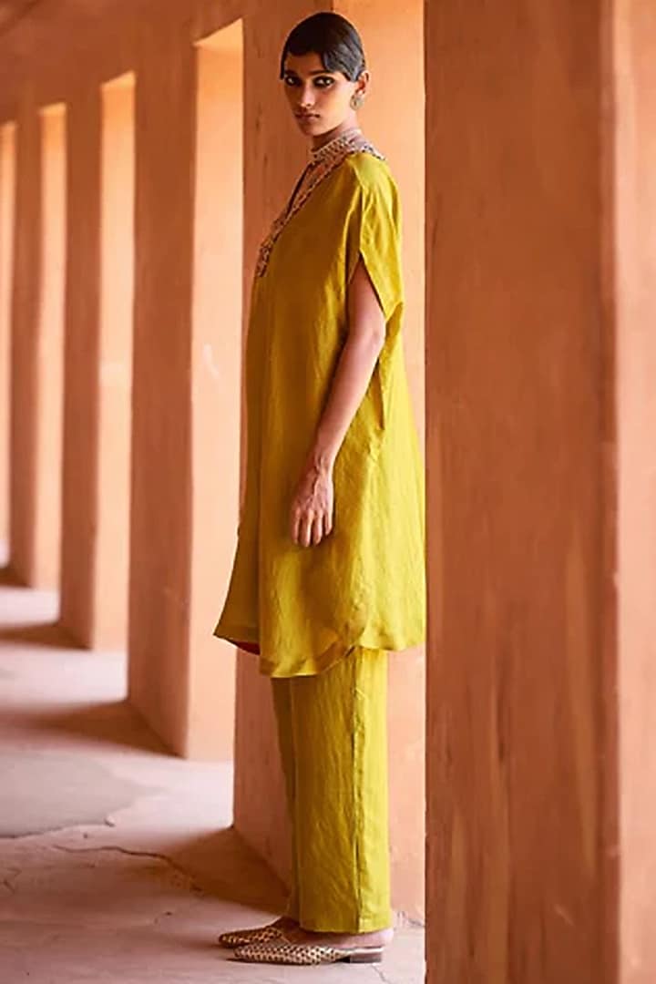 Yellow Mulberry Silk Metal Sequins Embroidered Kaftan Kurta Set by Avacara at Pernia's Pop Up Shop