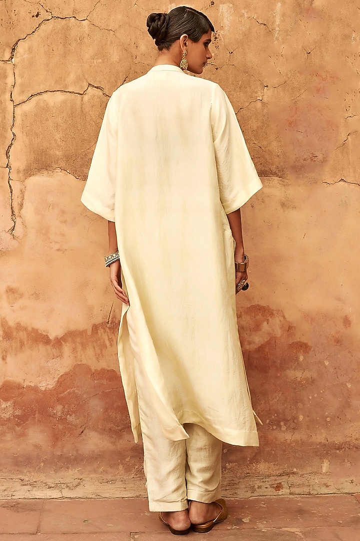 Ivory Mulberry Silk Metal Sequins Embroidered Kaftan Kurta Set by Avacara at Pernia's Pop Up Shop