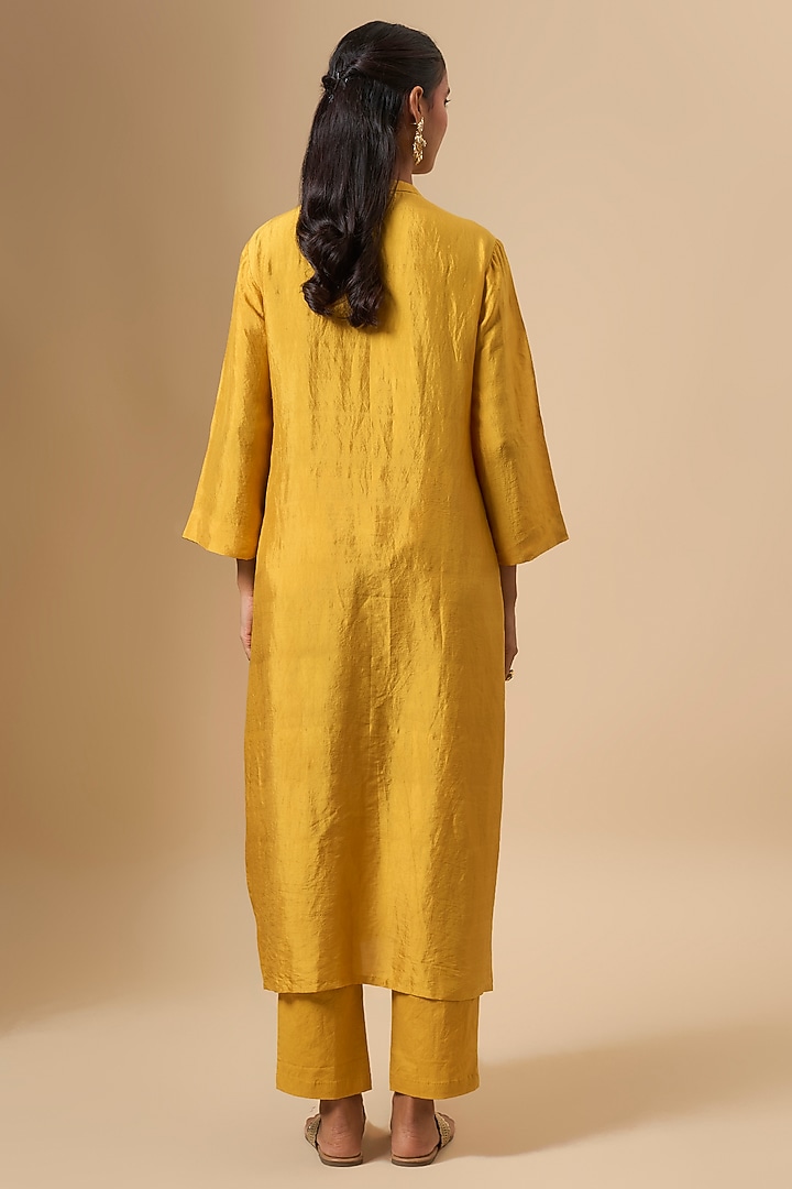 Yellow Mulberry Silk Kurta Set by Avacara at Pernia's Pop Up Shop